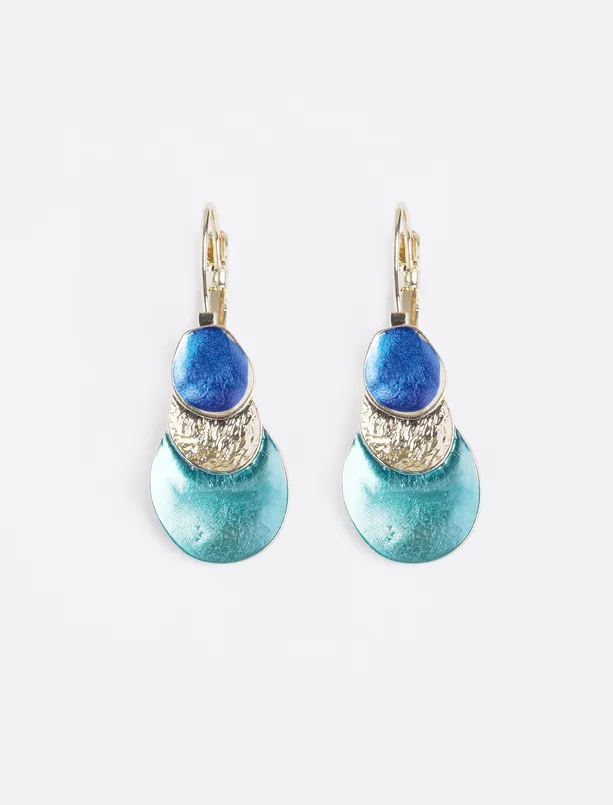 Women Blue Triple Round Figured Shiny Earrings
