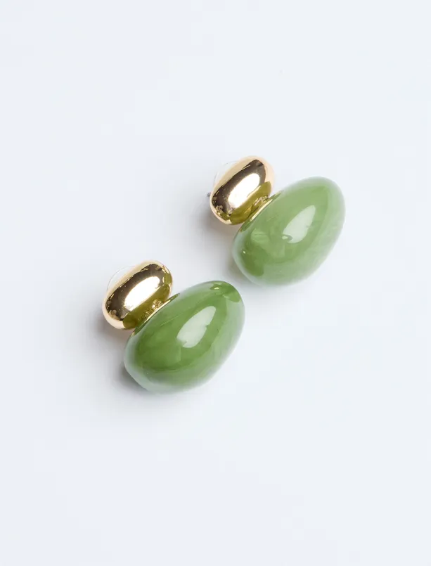 Bayan Yeşil Modern Oval Figürlü Küpe