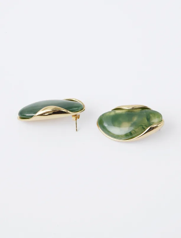 Bayan Yeşil Damla Figürlü Asimetrik Modern Küpe