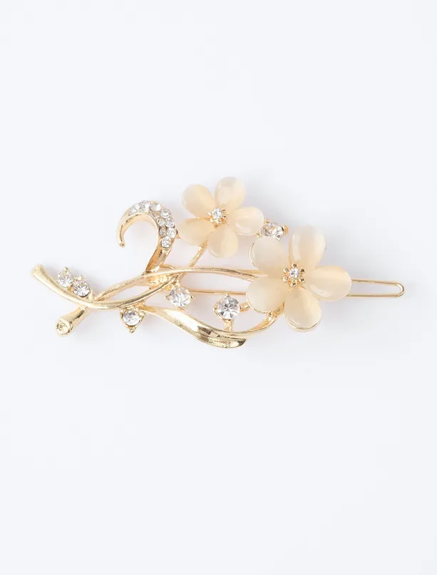 Women Beige Flower Figured Shiny Stone Wire Buckle