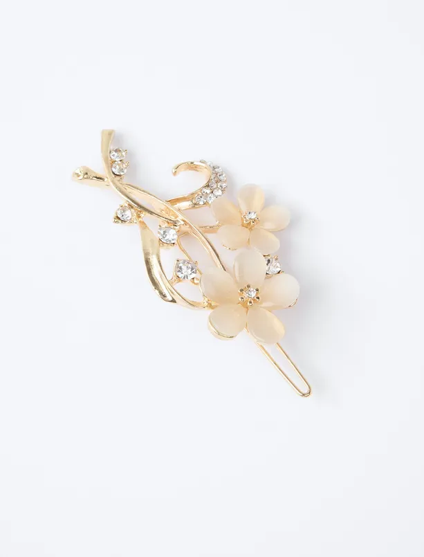 Women Beige Flower Figured Shiny Stone Wire Buckle