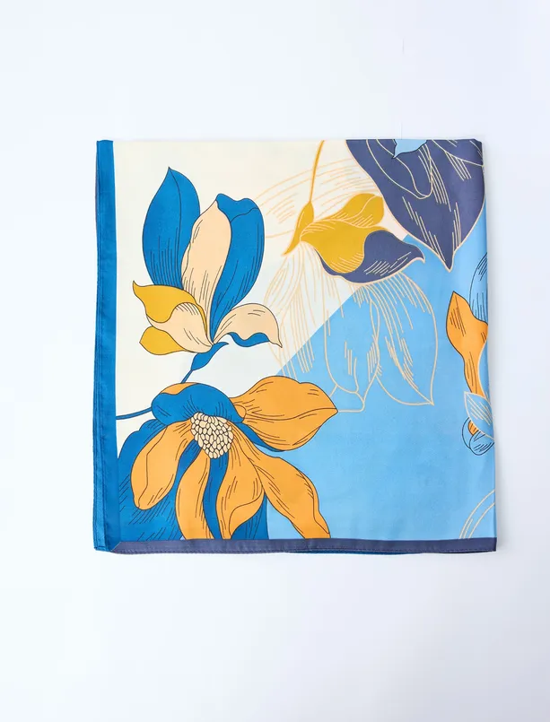 Women Blue Colorful Floral Patterned Woven Scarf