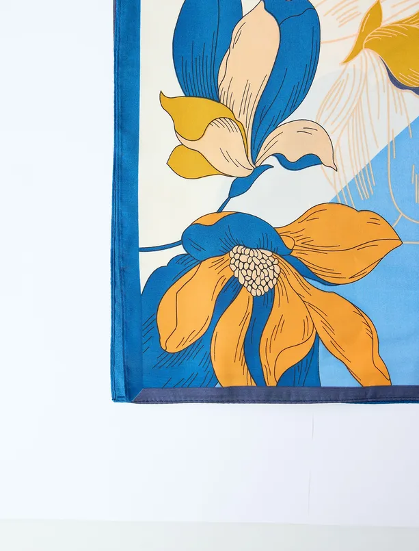 Women Blue Colorful Floral Patterned Woven Scarf