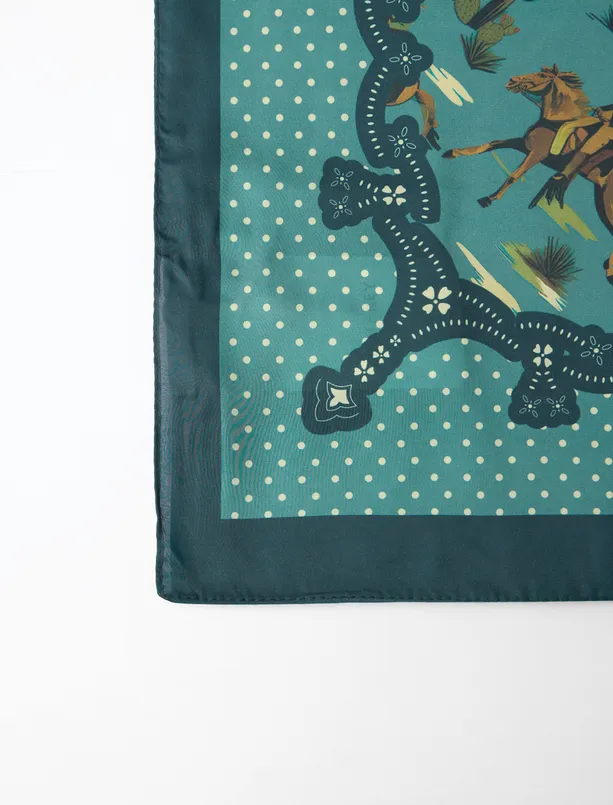 Women Green Asymmetric Patterned Horse Figured Scarf