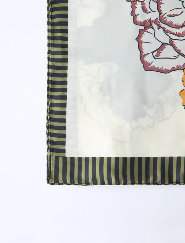 Women Mixed Floral Figured Striped Woven Scarf