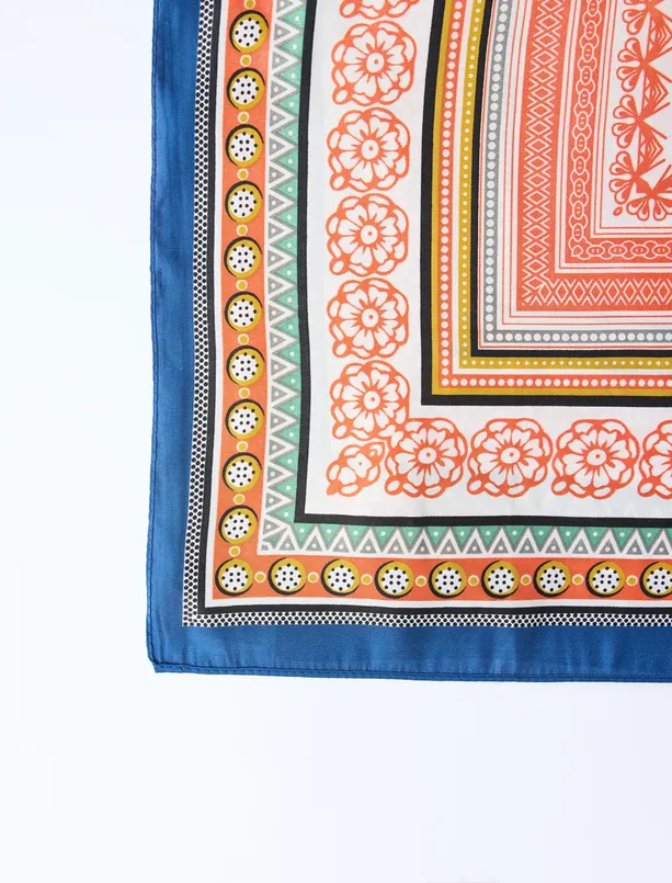 Bayan Lacivert Etnik Desenli Çizgili Eşarp