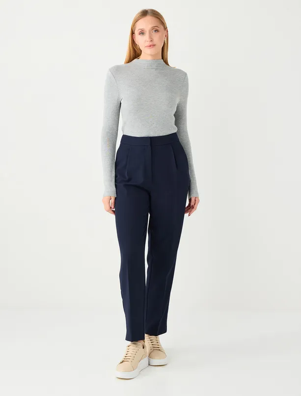 Bayan Lacivert Normal Paça Normal Bel Cepli Dokuma Pantolon