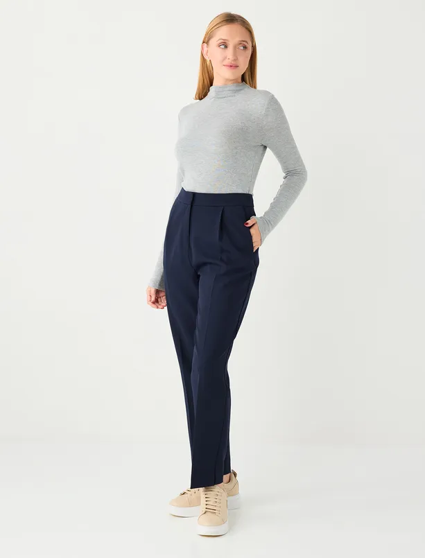 Bayan Lacivert Normal Paça Normal Bel Cepli Dokuma Pantolon