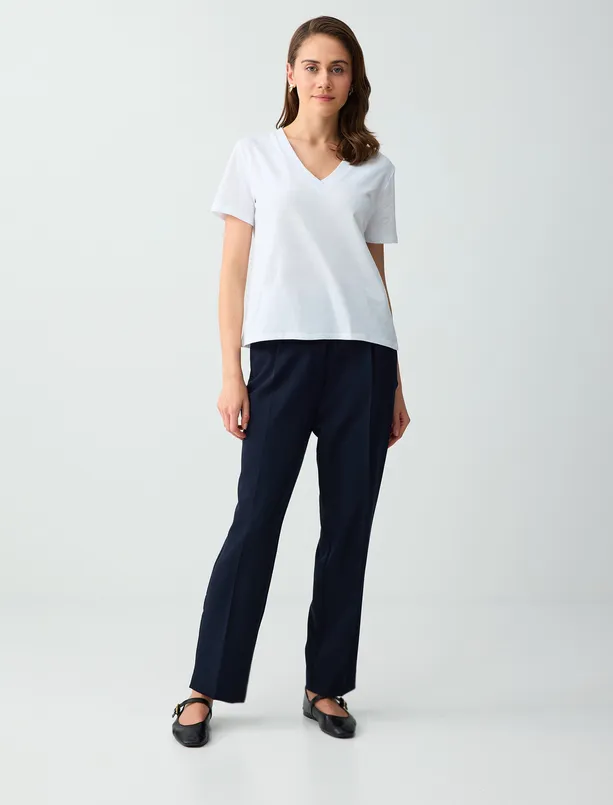 Bayan  Normal Paça Normal Bel Cepli Dokuma Pantolon