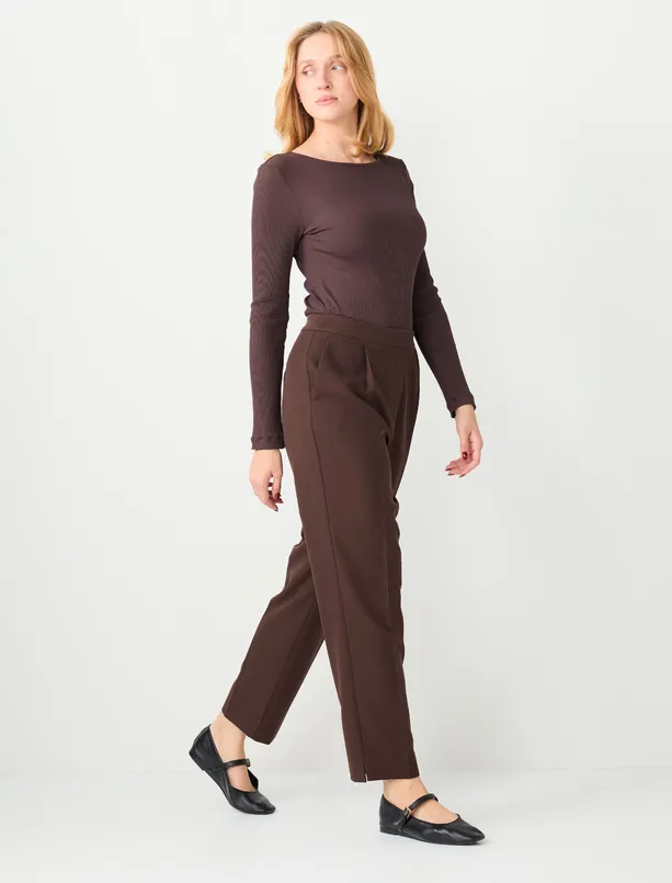 Bayan Kahverengi Normal Paça Normal Bel Cepli Dokuma Pantolon