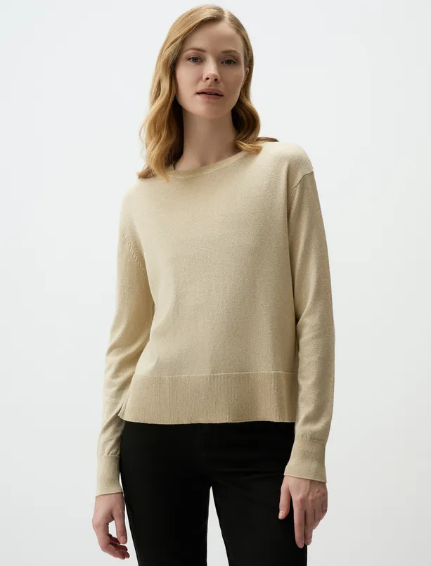 Women Beige Crew-Neck Glitter Detailed Sweater
