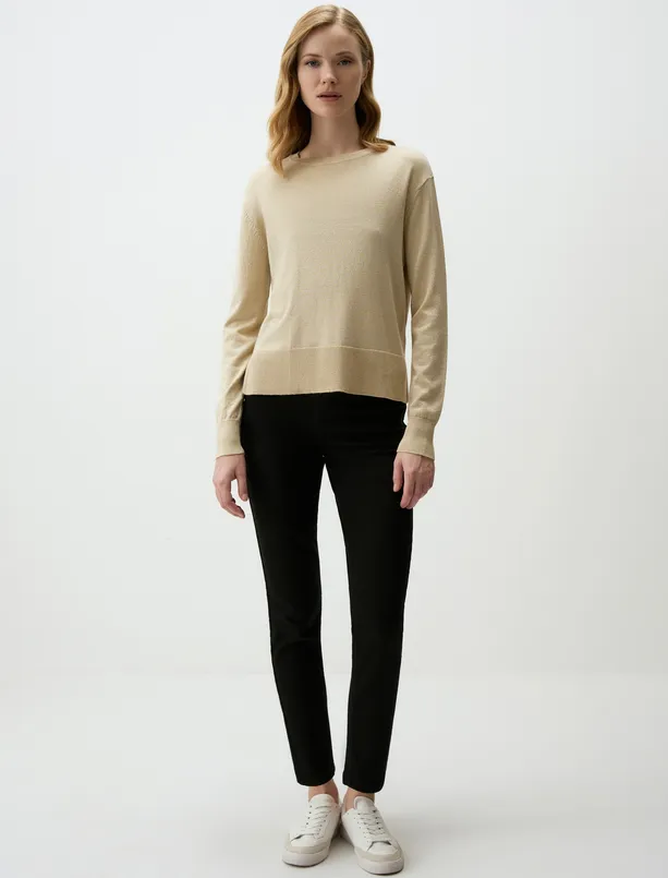 Women Beige Crew-Neck Glitter Detailed Sweater