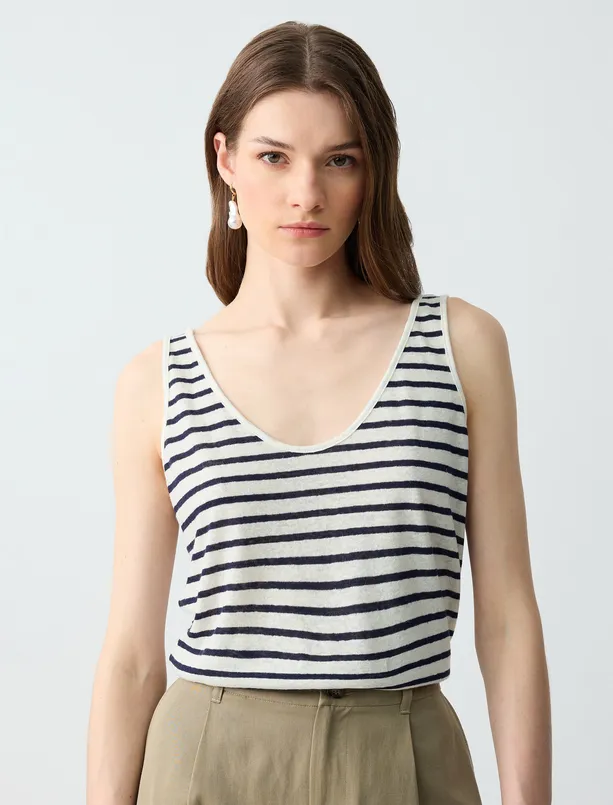 Women Ecru U-Neck Line Patterned Linen Blend Tank Top