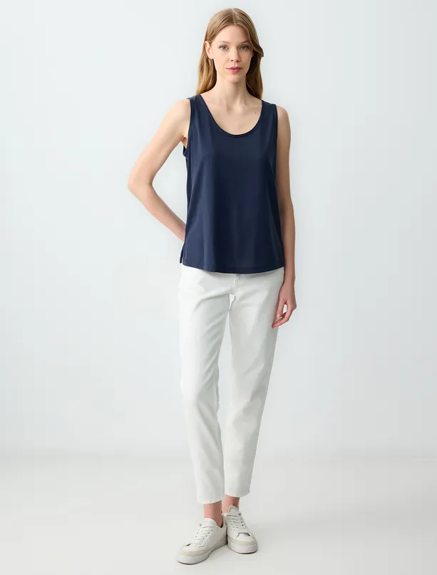 Women Dark Blue Relaxed Fit U Neck Sleeveless Modal Knitted Tank Top