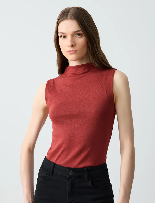 Women Brown Half Turtleneck Sleeveless Long Knitted Tank Top