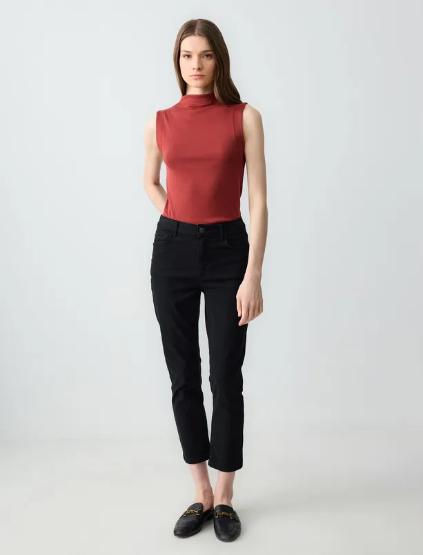 Women Brown Half Turtleneck Sleeveless Long Knitted Tank Top
