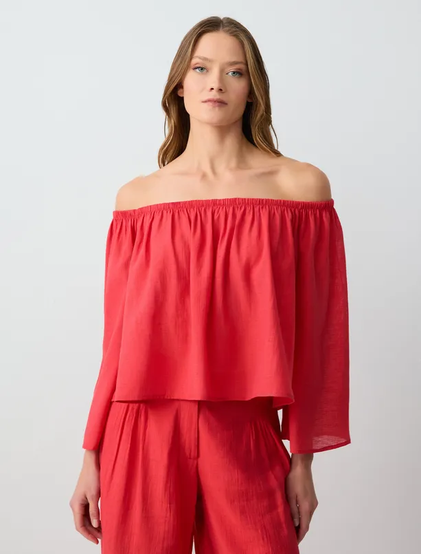 Women Red Relaxed Fit Bardot Neck Linen Blouse