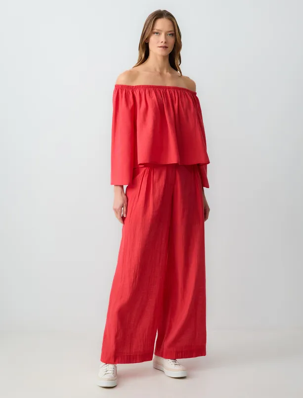 Women Red Relaxed Fit Bardot Neck Linen Blouse