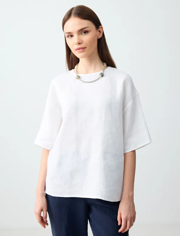 Women White 100% Linen Relaxed Fit Short Sleeve Crew-Neck Blouse