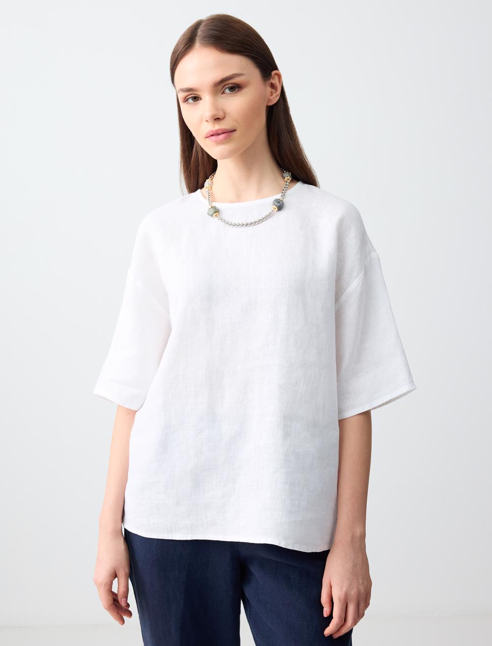 %100 Keten Rahat Kesim Kısa Kollu Bisiklet Yaka Bluz