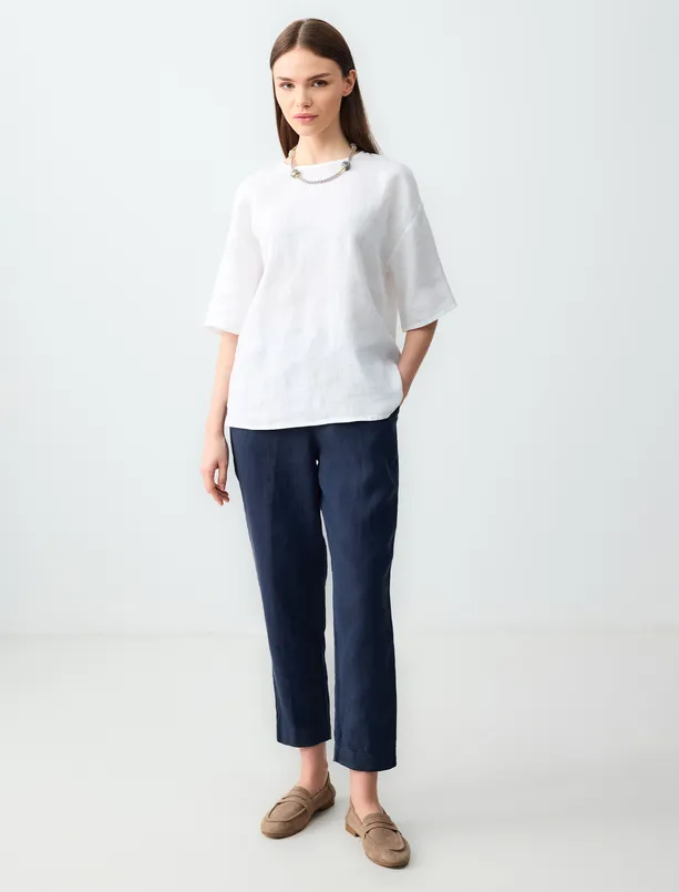Women White 100% Linen Relaxed Fit Short Sleeve Crew-Neck Blouse