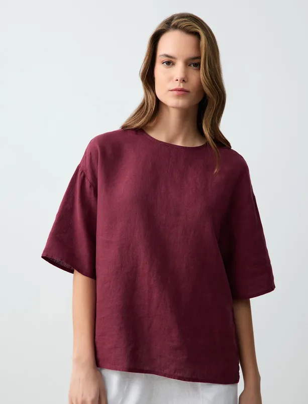 Women  100% Linen Relaxed Fit Short Sleeve Crew-Neck Blouse