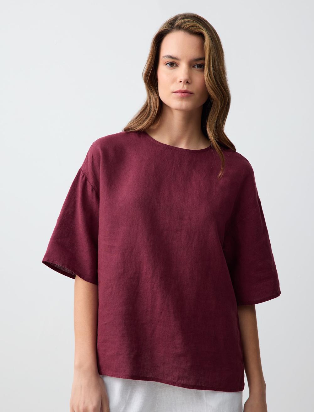 %100 Keten Rahat Kesim Kısa Kollu Bisiklet Yaka Bluz