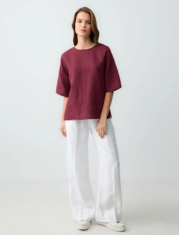 Women Claret Red 100% Linen Relaxed Fit Short Sleeve Crew-Neck Blouse