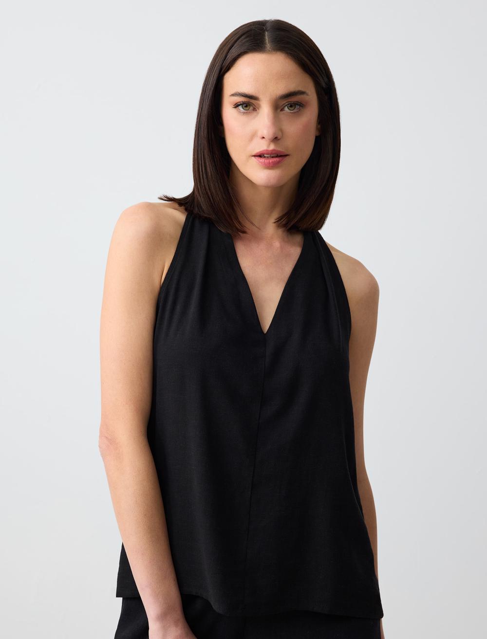 V Yaka Kolsuz Uzun Keten Karışımlı Bluz