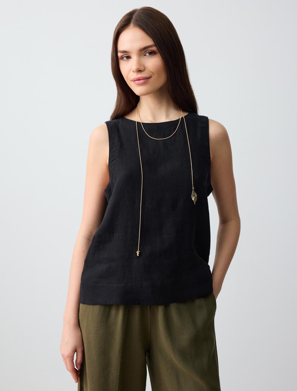 %100 Keten Yuvarlak Yaka Kolsuz Dokuma Bluz