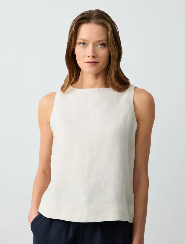 Women  100% Linen Round Neck Sleeveless Woven Blouse