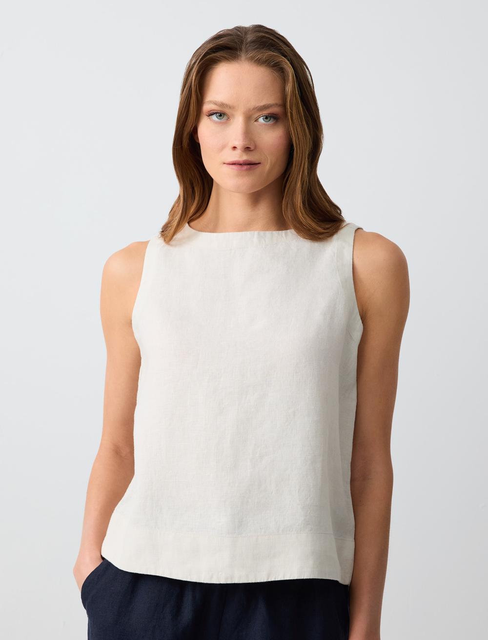 %100 Keten Yuvarlak Yaka Kolsuz Dokuma Bluz