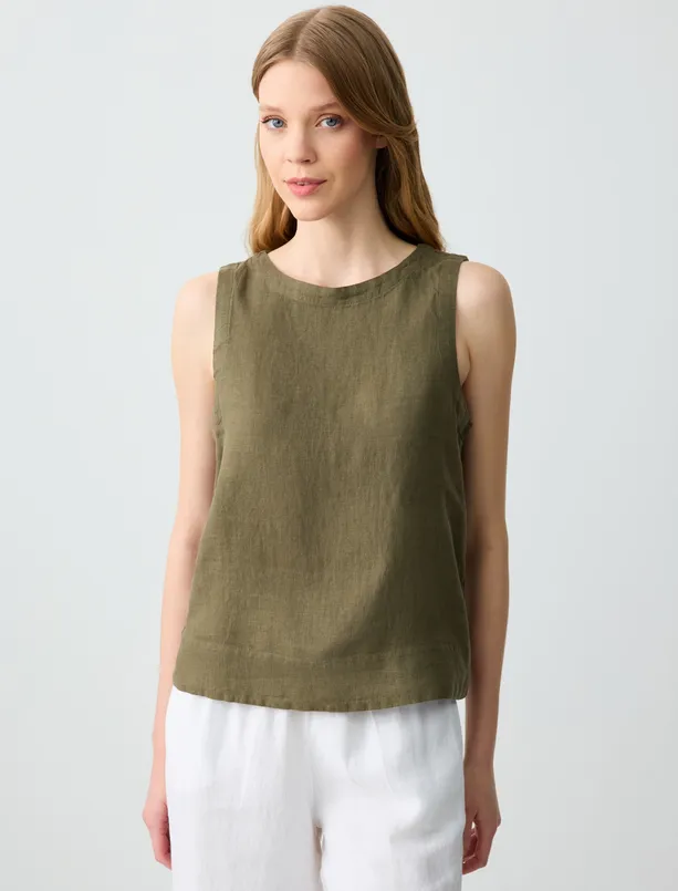 Women Haki 100% Linen Round Neck Sleeveless Woven Blouse