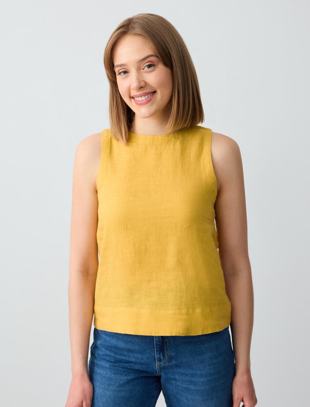 %100 Keten Yuvarlak Yaka Kolsuz Dokuma Bluz