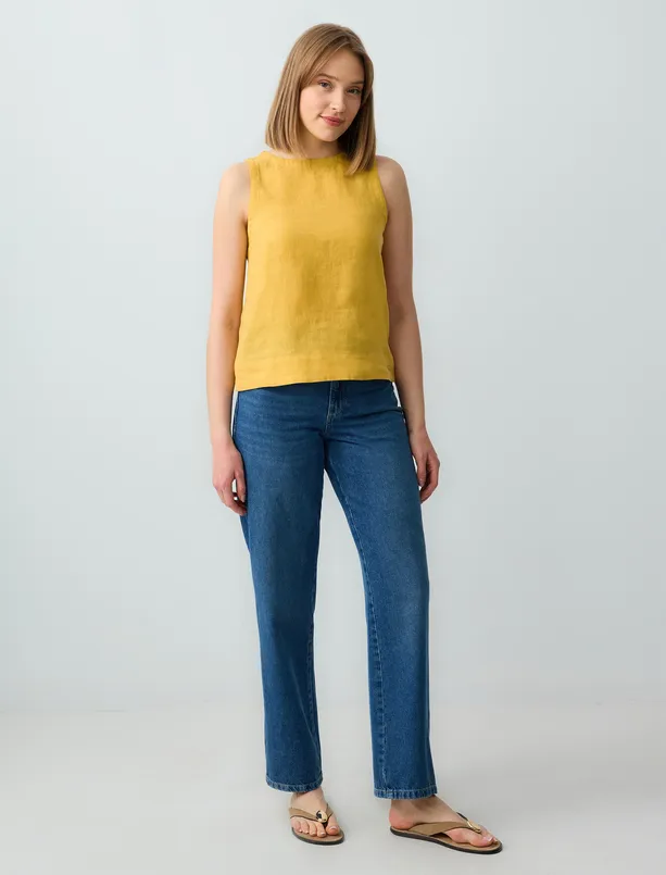 Women Mustard 100% Linen Round Neck Sleeveless Woven Blouse