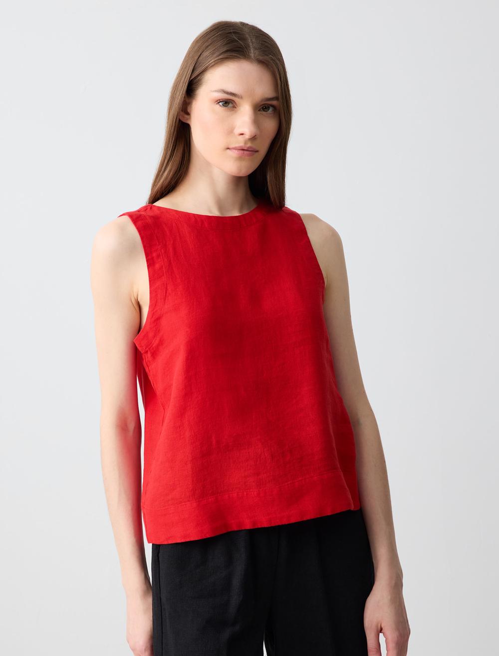 %100 Keten Yuvarlak Yaka Kolsuz Dokuma Bluz