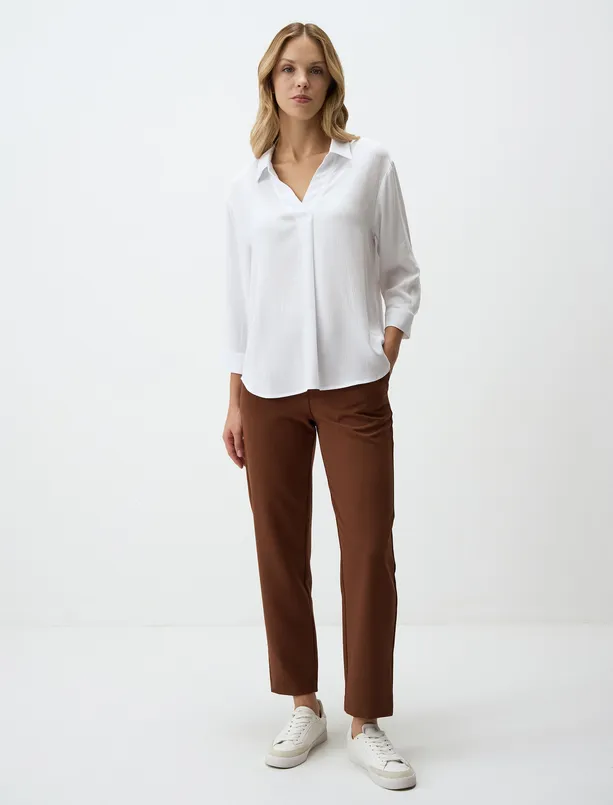 Women White V-Neck Relaxed Fit Long Sleeve Woven Blouse