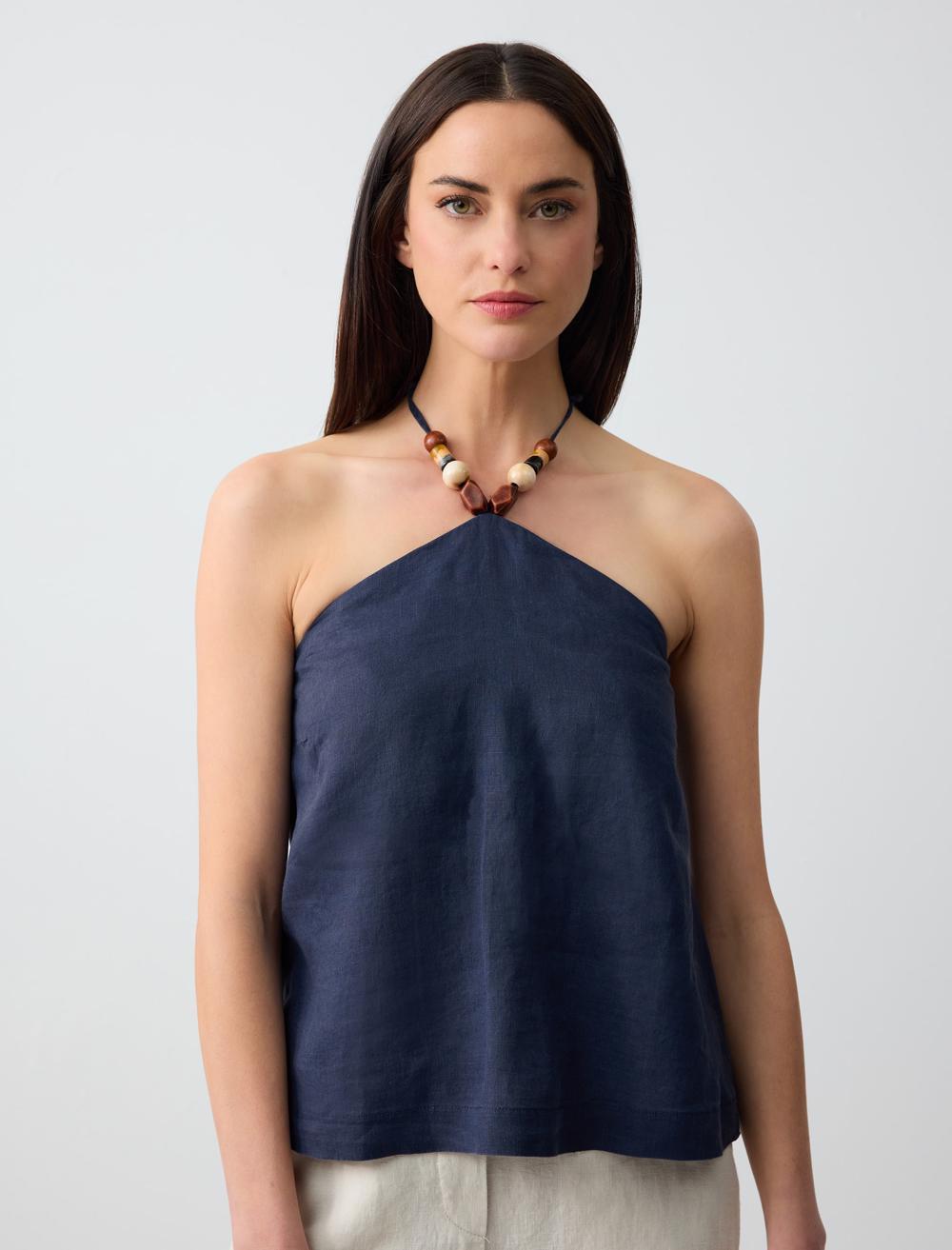 %100 Keten Boyundan Bağlamalı Kolsuz Bluz