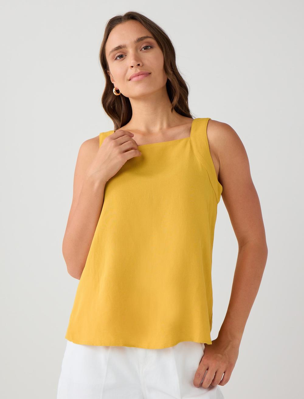 Kare Yaka Kolsuz Keten Karışımlı Bluz