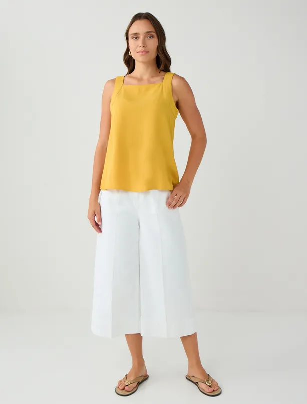Women Mustard Relaxed Fit Square Neck Sleeveless Linen Blend Blouse