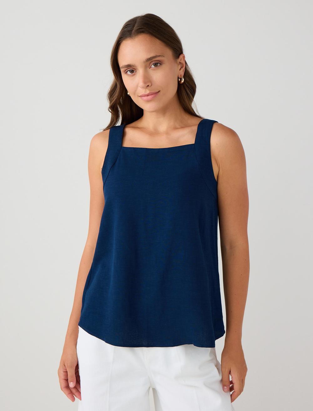 Kare Yaka Kolsuz Keten Karışımlı Bluz