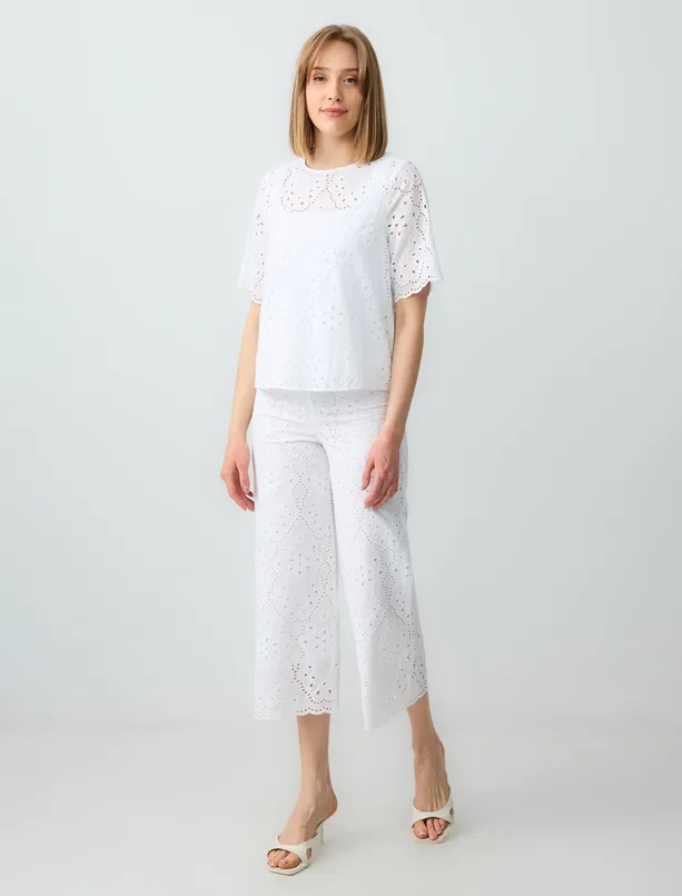Women White 100% Cotton Relaxed Fit Openwork Round Neck Blouse