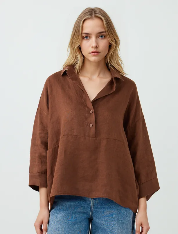Women  100% Linen Relaxed Fit Trouser Sleeve Shirt Collar Blouse