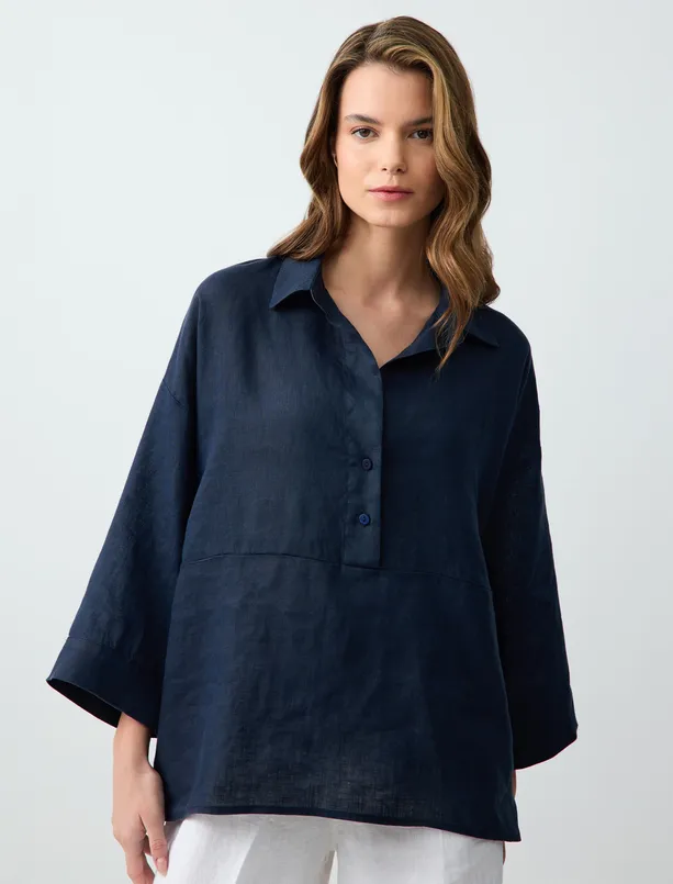 Women  100% Linen Relaxed Fit Trouser Sleeve Shirt Collar Blouse