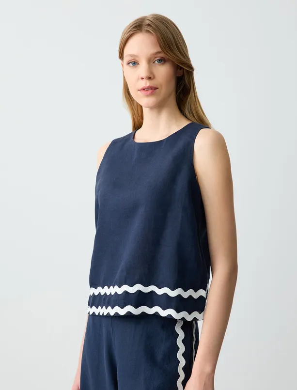 Women Dark Blue 100% Linen Relaxed Fit Round Neck Sleeveless Patterned Blouse