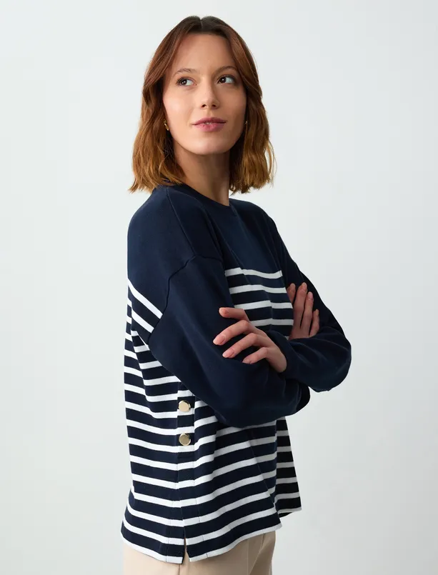 Women Dark Blue 100% Cotton Crew Neck Long Sleeve Line Patterned Knitted Blouse