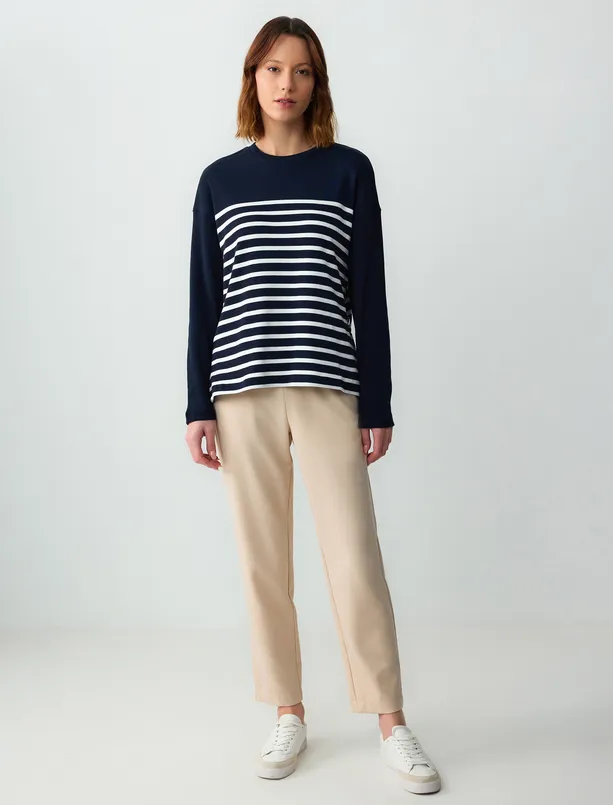 Women Dark Blue 100% Cotton Crew Neck Long Sleeve Line Patterned Knitted Blouse