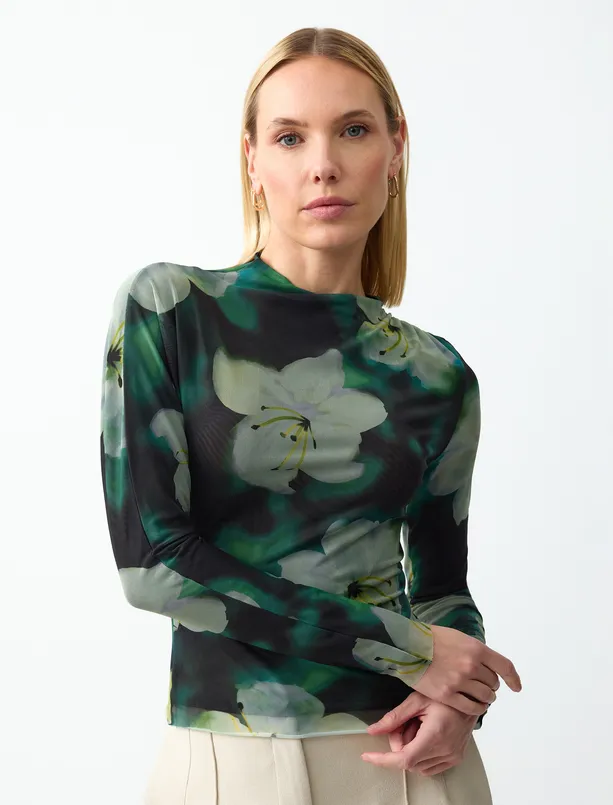 Women Patterned Floral Patterned Zero Neck Long Sleeve Mesh Knitted Blouse