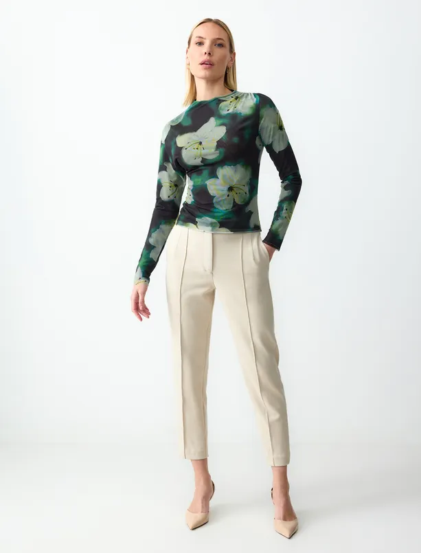 Women Patterned Floral Patterned Zero Neck Long Sleeve Mesh Knitted Blouse