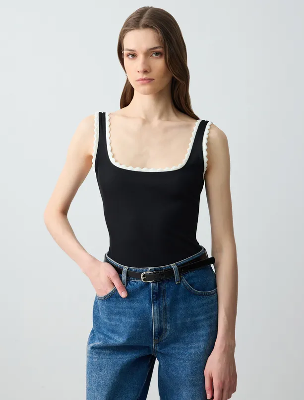 Women Black U Neck Embroidery Detailed Knitted Blouse